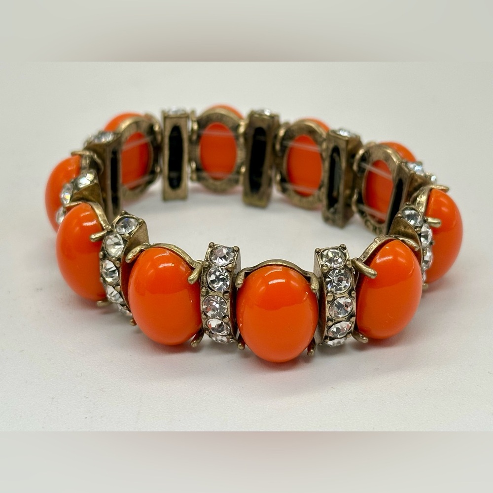 J Crew Stretch Bracelet Acrylic Brass Tone Orange Oval Cabochons Rhinestone